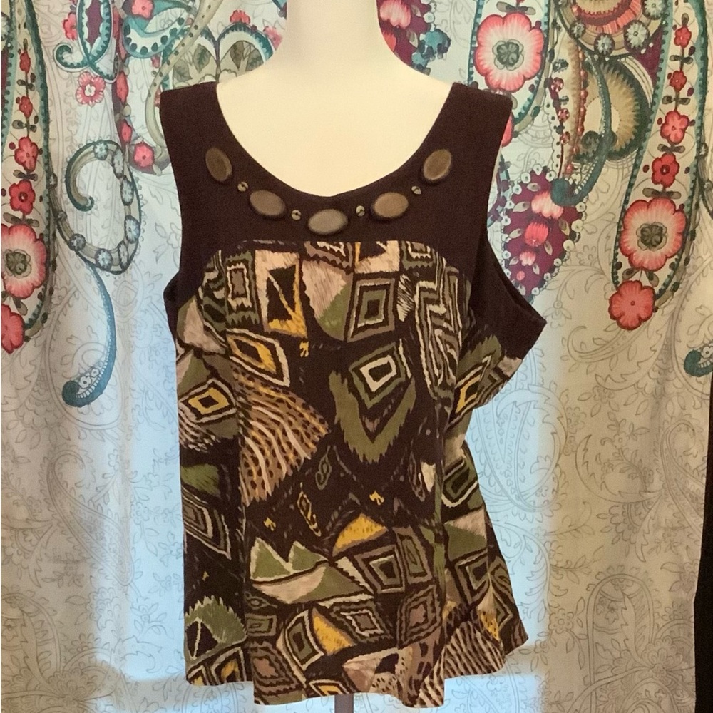 NWOT Notations Geometric Patterned Tank Top Stoned Beaded Brown Green Size XL